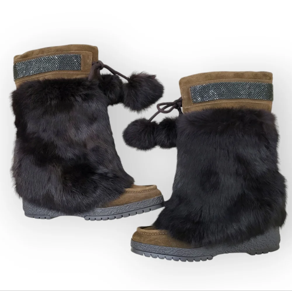 COACH Maryann Rabbit Fur Suede Boots Brown Beaded Trim Pom Pom Ties 8